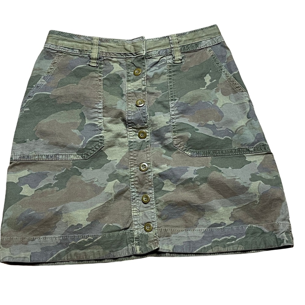 Anthropologie Camo A-Line Mini Skirt Button Front Military‎ Utility Green Size 2